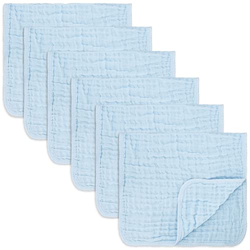 Muslin Burp Cloths 6 Pack Large 100% Cotton Hand Washcloths 6 Layers Extra Absorbent and Soft (Blue)