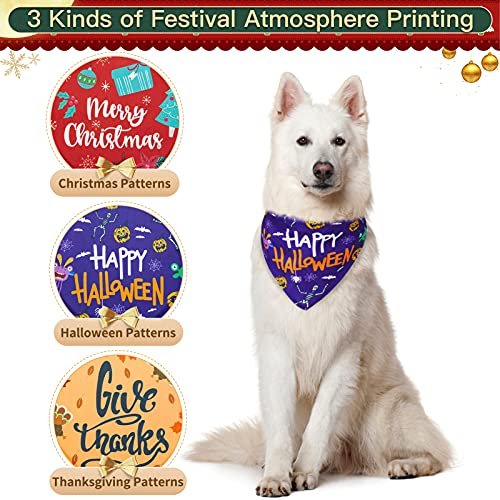 PAWCHIE Festival Dog Bandana 3 Pack for Halloween, Thanksgiving and Christmas - Adjustable Soft Pet Triangle Scarf with Festival Element Patterns for Small Medium Large Dogs