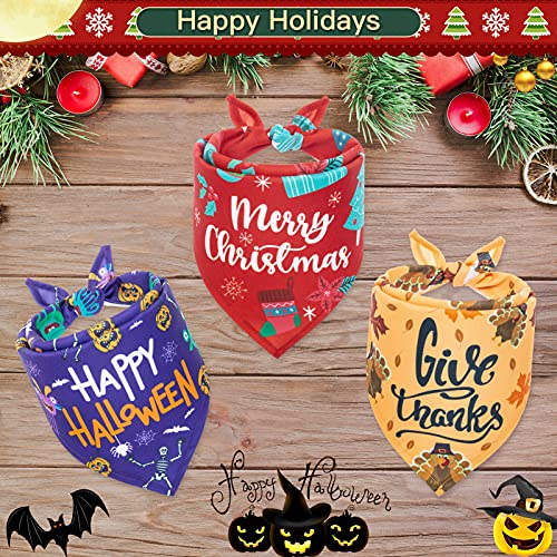 PAWCHIE Festival Dog Bandana 3 Pack for Halloween, Thanksgiving and Christmas - Adjustable Soft Pet Triangle Scarf with Festival Element Patterns for Small Medium Large Dogs