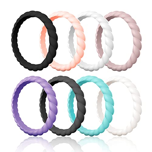 Egnaro Silicone Wedding Ring for Women,Thin and Stackble Braided Rubber Wedding Bands,No-Toxic,Skin Safe(13-Black,Rose Gold,White,Pink Sand,Ultra Violet,Black Gray,Mint Green,Ivory, 4(15.3mm))