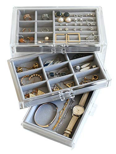 HerFav Acrylic Jewelry Box for Women with 3 Drawers for Rings Earrings and Necklace, Compact Jewelry Case, Transparent Gray