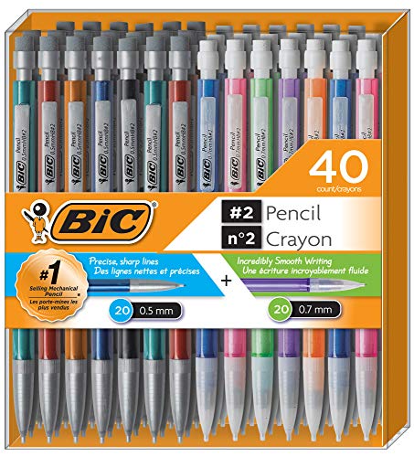 BIC Mechanical Pencil #2 EXTRA SMOOTH, Variety Bulk Pack Of 40 Mechanical Pencils, 20 0.5mm With 20 0.7mm Mechanical Led Pencils, Assorted Colored Barrels, for professional Office & School Use.