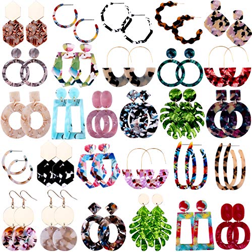 Duufin 28 Pairs Acrylic Earrings Statement Earrings Set Mottled Resin Hoop Earrings Drop Dangle Earring Polygonal Fashion Earrings for Women Girls