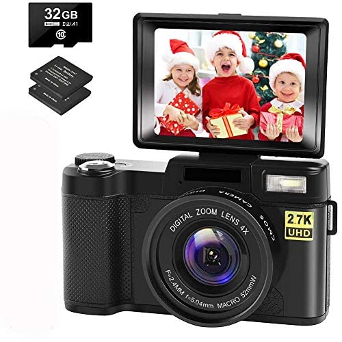 Digital Camera Vlogging Camera with YouTube 30MP Full HD 2.7K Vlog Camera with Flip Screen 180° Rotation with 32GB Memory Card and 2 Batteries