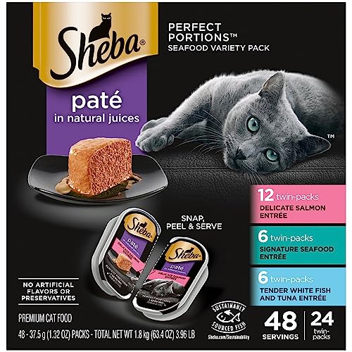 SHEBA Wet Cat Food Pate Variety Pack, Signature Seafood, Delicate Salmon and Tender Whitefish & Tuna Entrees,. PERFECT PORTIONS Twin-Pack Trays,48 serving, 2.6 Oz (Pack of 24)