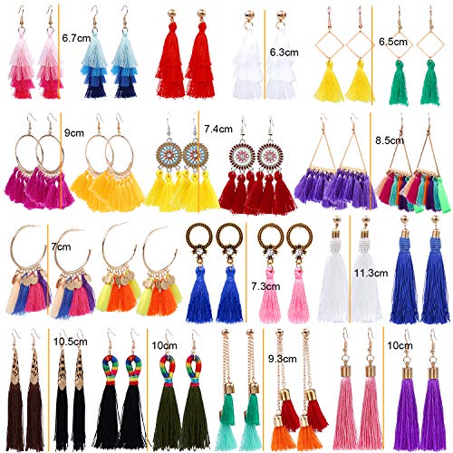 AROIC 26 Pairs Tassel Earrings with Colorful Tassel Long Layered Dangle Hoop Tiered Thread Earrings Set for Women Girls Jewelry Fashion and Valentine Birthday Party Gift