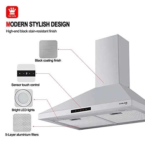 GASLAND Chef 30-inch Stainless Steel Wall Mount Kitchen Hood, 3 Speed 450-CFM Sensor Touch Control Exhaust Hood Fan, Convertible Chimney-Style, LED Lights, Aluminum Mesh Filters