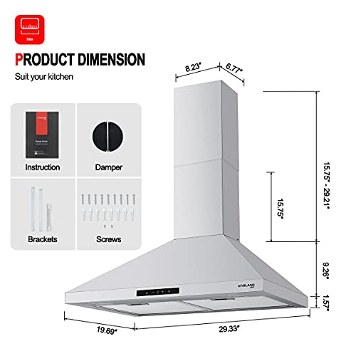 GASLAND Chef 30-inch Stainless Steel Wall Mount Kitchen Hood, 3 Speed 450-CFM Sensor Touch Control Exhaust Hood Fan, Convertible Chimney-Style, LED Lights, Aluminum Mesh Filters