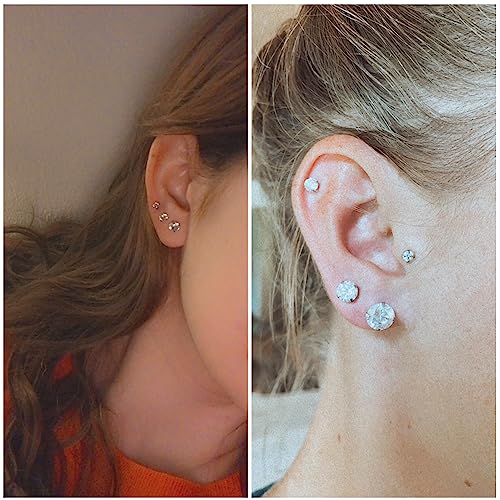 5 Pairs Stud Earrings Set, Hypoallergenic Cubic Zirconia 316L Earrings Stainless Steel CZ Earrings 3-8mm, Rose Gold (Steel color)