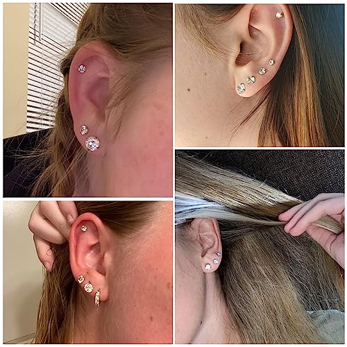 5 Pairs Stud Earrings Set, Hypoallergenic Cubic Zirconia 316L Earrings Stainless Steel CZ Earrings 3-8mm, Rose Gold (Steel color)