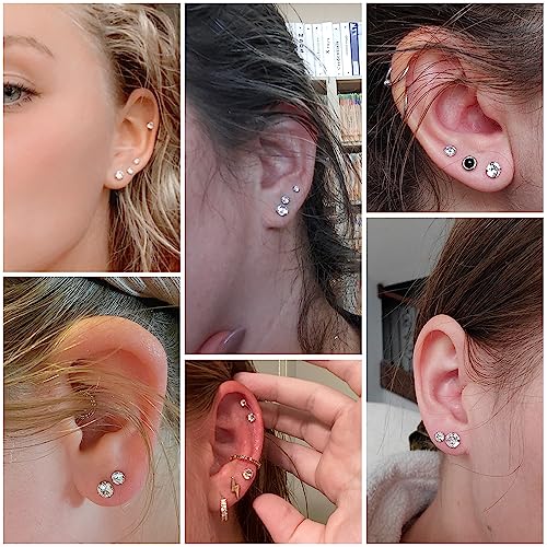 5 Pairs Stud Earrings Set, Hypoallergenic Cubic Zirconia 316L Earrings Stainless Steel CZ Earrings 3-8mm, Rose Gold (Steel color)