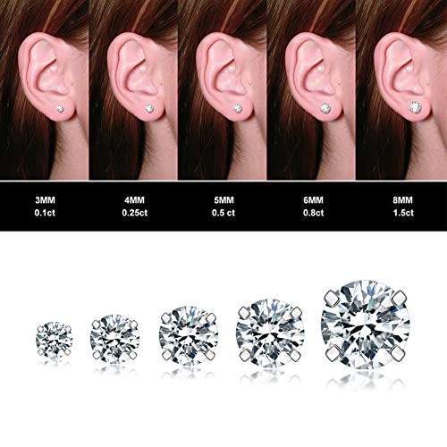 5 Pairs Stud Earrings Set, Hypoallergenic Cubic Zirconia 316L Earrings Stainless Steel CZ Earrings 3-8mm, Rose Gold (Steel color)