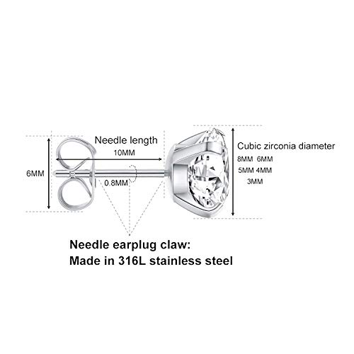 5 Pairs Stud Earrings Set, Hypoallergenic Cubic Zirconia 316L Earrings Stainless Steel CZ Earrings 3-8mm, Rose Gold (Steel color)