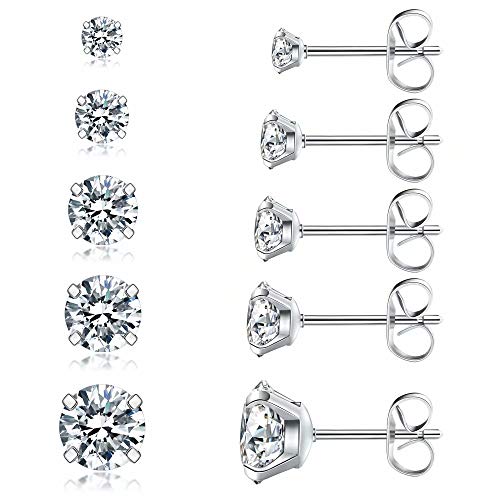 5 Pairs Stud Earrings Set, Hypoallergenic Cubic Zirconia 316L Earrings Stainless Steel CZ Earrings 3-8mm, Rose Gold (Steel color)
