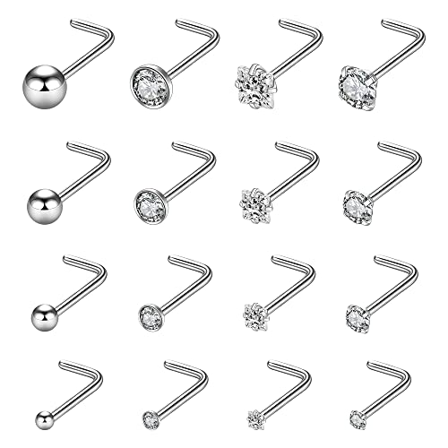 20G 16Pcs Stainless Steel Stud Nose Ring CZ L Shape Nose Body Piercing for Womens Mens (20G, Pin Length 6.5mm L)