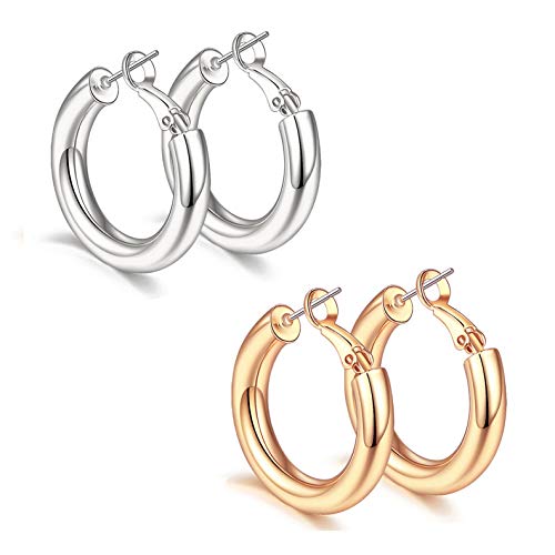 sovesi Chunky Gold Hoop Earring 14K Gold Plated Thick Hoop Earrings for Women Silver25mm/Rose Gold25mm