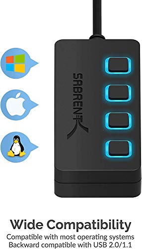 SABRENT 4-Port USB 2.0 Data Hub with Individual LED lit Power Switches [Charging NOT Supported] for Mac & PC (HB-UMLS)