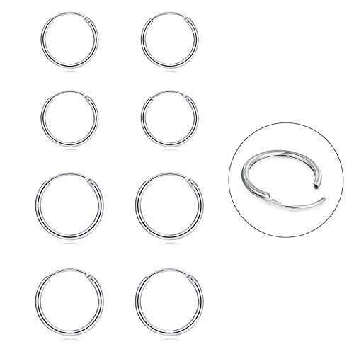 Silver Hoop Earrings- Cartilage Earring Small Hoop Earrings for Women Men Girls,4 Pairs of Hypoallergenic 925 Sterling Silver Tragus Earrings(Silver,10mmx2+12mmx2)