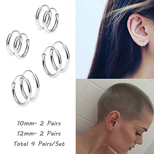 Silver Hoop Earrings- Cartilage Earring Small Hoop Earrings for Women Men Girls,4 Pairs of Hypoallergenic 925 Sterling Silver Tragus Earrings(Silver,10mmx2+12mmx2)