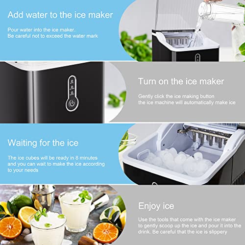 Electactic Ice Maker Countertop, Efficient Easy Carry Ice Maker, Self-Cleaning Ice Maker with Ice Scoop & Basket, 9pcs/ 8mins 26.6Lbs Per Day for Home/Office/Kitchen, Black