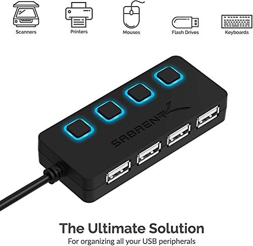 SABRENT 4-Port USB 2.0 Data Hub with Individual LED lit Power Switches [Charging NOT Supported] for Mac & PC (HB-UMLS)