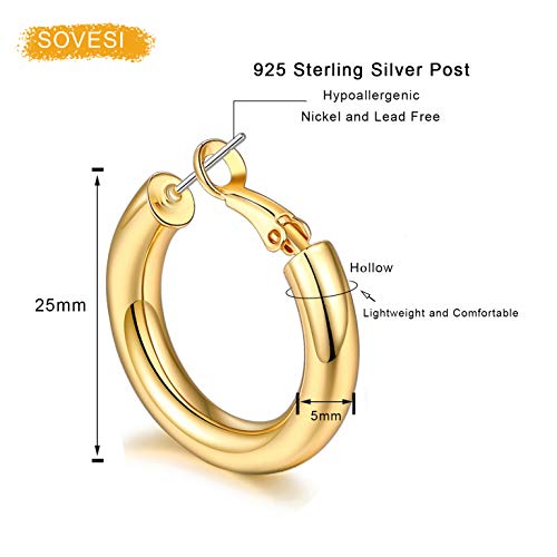 sovesi Chunky Gold Hoop Earring 14K Gold Plated Thick Hoop Earrings for Women Silver25mm/Rose Gold25mm