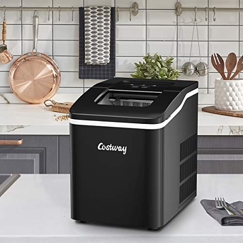 COSTWAY Ice Maker for Countertop, Bullet Ice Cubes Ready in 8 Mins, 26LBS/24H portable Ice Machine with Self-cleaning Function, Scoop and Removable Basket for Home, Office, Party and Bar (Black)