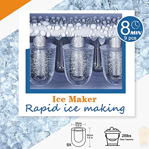 Electactic Ice Maker Countertop, Efficient Easy Carry Ice Maker, Self-Cleaning Ice Maker with Ice Scoop & Basket, 9pcs/ 8mins 26.6Lbs Per Day for Home/Office/Kitchen, Black