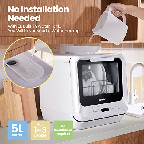 COMFEE' Countertop Dishwasher, Portable Dishwasher with 5L Built-in Water Tank, No Hookup Needed, 6 Programs, 360Â° Dual Spray, 192â Steam& Air-Dry Function, Mini Dishwasher for Apartments& RVs, White