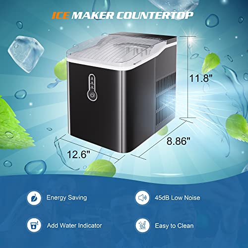 Electactic Ice Maker Countertop, Efficient Easy Carry Ice Maker, Self-Cleaning Ice Maker with Ice Scoop & Basket, 9pcs/ 8mins 26.6Lbs Per Day for Home/Office/Kitchen, Black