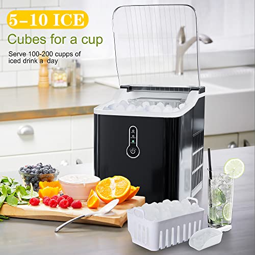 Electactic Ice Maker Countertop, Efficient Easy Carry Ice Maker, Self-Cleaning Ice Maker with Ice Scoop & Basket, 9pcs/ 8mins 26.6Lbs Per Day for Home/Office/Kitchen, Black