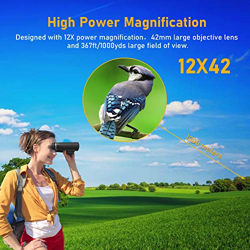 12x42 Binoculars for Adults - HD Low Light Night Vision - Compact Lightweight (1.05lb) - Powerful BAK4 Prism FMC Lens - Waterproof Binoculars for Bird Watching, Hunting, Sports -Phone Adapter Included
