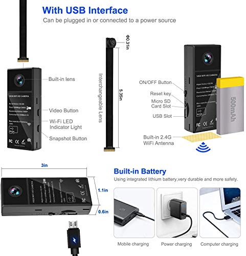 Mini Spy Camera 1080P WiFi Hidden Video Camera Wireless Covert Security Cameras 150° Wide Angle Nanny Cam with DIY Interchangeable Lens/Night Vision/Motion Activated for Home Surveillance(New Version)