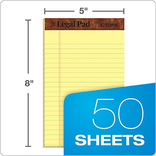 TOPS The Legal Pad Writing Pads, 5" x 8", Jr. Legal Rule, Canary Paper, 50 Sheets, 12 Pack (7501)