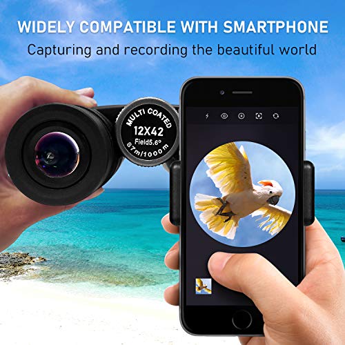 12x42 Binoculars for Adults - HD Low Light Night Vision - Compact Lightweight (1.05lb) - Powerful BAK4 Prism FMC Lens - Waterproof Binoculars for Bird Watching, Hunting, Sports -Phone Adapter Included