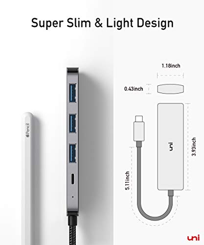 USB C Hub, uni 4-in-1 USB C Adapter with 3 USB 3.0 Ports, 100W USB-C PD Charging Port Thunderbolt 3, USB Type C to USB 3.0 Adapter (Aluminum Shell) for MacBook Pro, iPad Pro, XPS, Pixelbook, and More