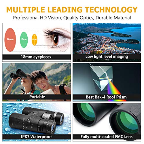 12x42 Binoculars for Adults - HD Low Light Night Vision - Compact Lightweight (1.05lb) - Powerful BAK4 Prism FMC Lens - Waterproof Binoculars for Bird Watching, Hunting, Sports -Phone Adapter Included