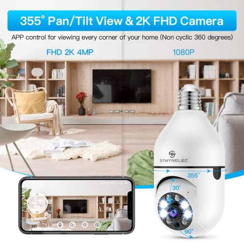 Light Bulb Security Camera, SYMYNELEC 355 Degree Pan/Tilt Panoramic IP Camera, 2.4GHz WiFi 1080P Smart Home Surveillance Cam with Motion Detection Alarm Night Vision Two Way Talk Indoor Outdoor E27