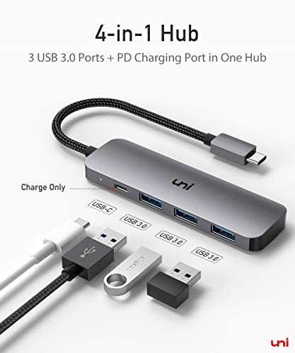 USB C Hub, uni 4-in-1 USB C Adapter with 3 USB 3.0 Ports, 100W USB-C PD Charging Port Thunderbolt 3, USB Type C to USB 3.0 Adapter (Aluminum Shell) for MacBook Pro, iPad Pro, XPS, Pixelbook, and More