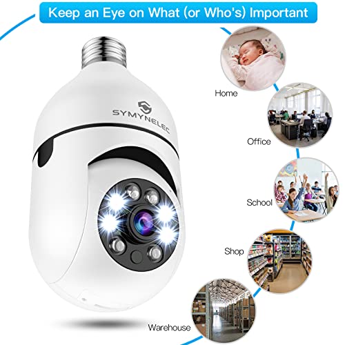 Light Bulb Security Camera, SYMYNELEC 355 Degree Pan/Tilt Panoramic IP Camera, 2.4GHz WiFi 1080P Smart Home Surveillance Cam with Motion Detection Alarm Night Vision Two Way Talk Indoor Outdoor E27
