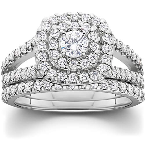 Cushion Halo Diamond Engagement Wedding Ring Set - 10K White Gold, Size 7