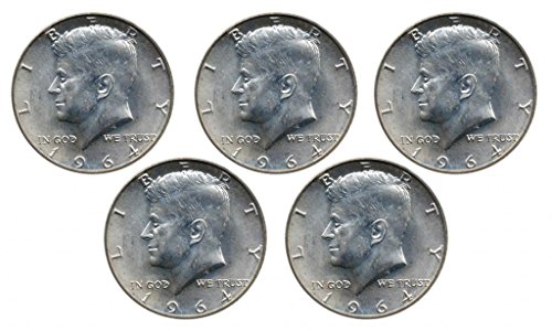 1964 Set of 5-90% Silver John F Kennedy JFK Half Dollar Circulated Very Fine
