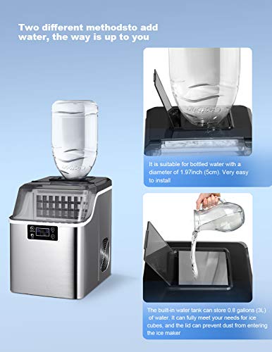 COOLHOME 2 in 1 Water Ice Maker, 44lbs Daily Ice Cube Makers,Stainless Steel Ice Makers Countertop,Tabletop Ice Maker Machine With a Scoop