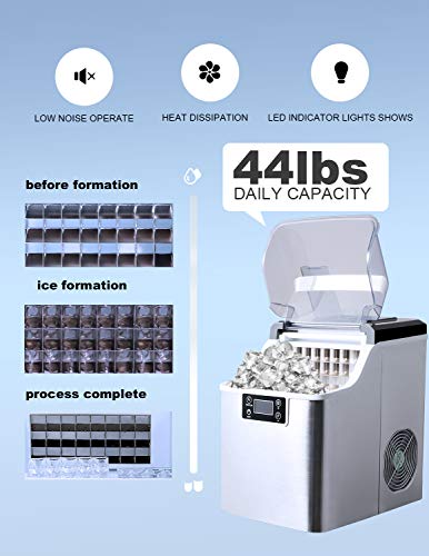 COOLHOME 2 in 1 Water Ice Maker, 44lbs Daily Ice Cube Makers,Stainless Steel Ice Makers Countertop,Tabletop Ice Maker Machine With a Scoop