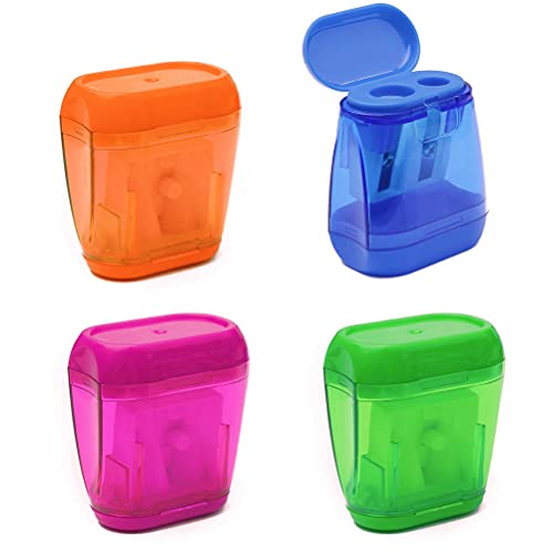 SUMAJU 4 pcs Pencil Sharpener, Dual Holes Sharpener with Lid for Kids Colored Plastic Manual Pencil Sharpeners for Office Home Supply