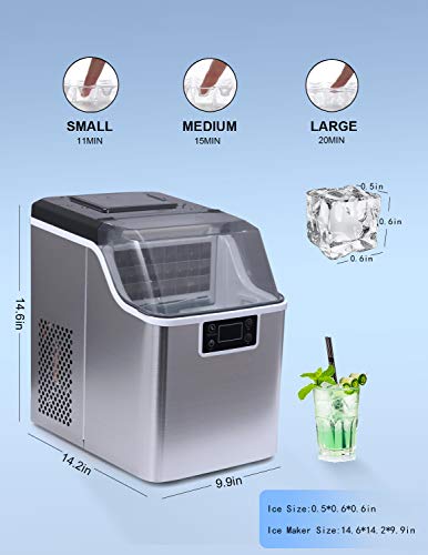 COOLHOME 2 in 1 Water Ice Maker, 44lbs Daily Ice Cube Makers,Stainless Steel Ice Makers Countertop,Tabletop Ice Maker Machine With a Scoop