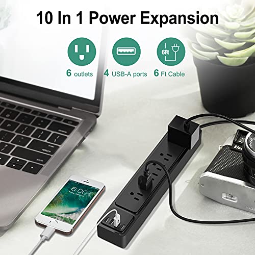 Power Strip 2 Pack, MKSENSE Surge Protector with 6 Outlets and 4 USB Ports (5V/2.4A), 1875W/15A, 900 Joules, Flat Plug, Spaced Outlets with 6ft Extension Cord for Home Office - Black