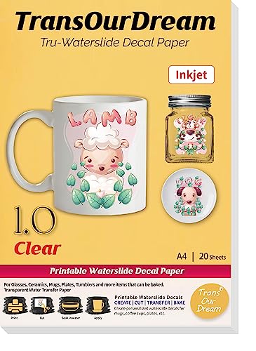 TransOurDream WaterSlide Decal Paper Inkjet CLEAR (20+2 Sheets, A4 Size) Transparent Water Slide Transfer Paper Printable Waterslide Decals for Tumblers, Mugs, Glasses, Ceramics (TRANS-016)