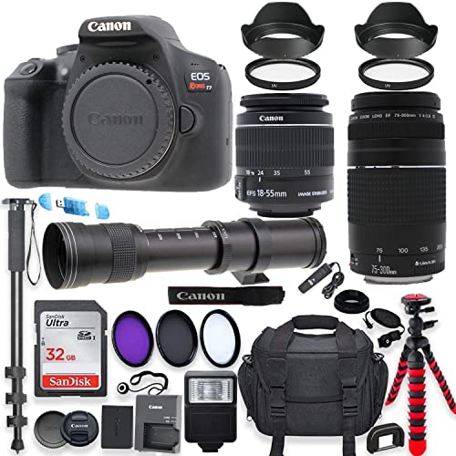 Canon EOS Rebel T7 DSLR Camera with 18-55mm is II Lens Bundle + Canon EF 75-300mm III Lens & 420-800mm Preset Telephoto Zoom Lens + 32GB Memory + Spider Tripod + Commander Optics Professional Bundle