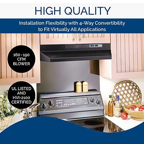 Broan-NuTone F403023 Insert with Light, Exhaust Fan for Under Cabinet Two-Speed Four-Way Convertible Range Hood, 30-Inch, Black